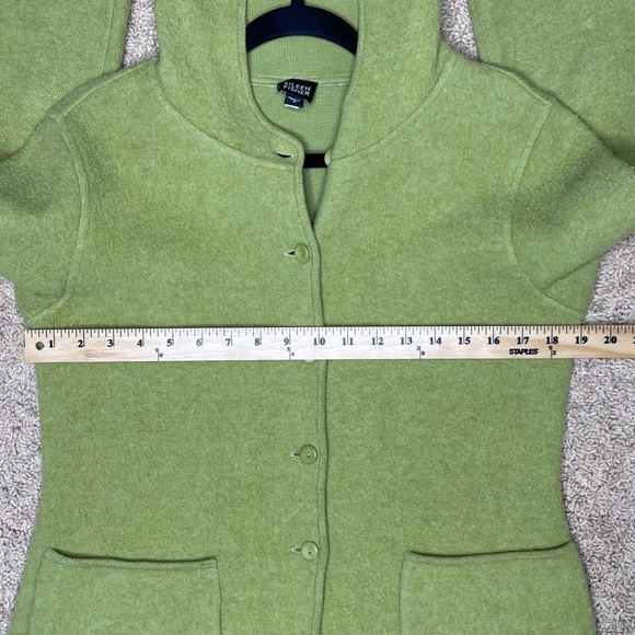 Eileen Fisher Sweater Jacket Green Lambswool Cotton Pockets Cardigan Hood Sz S - Picture 4 of 8